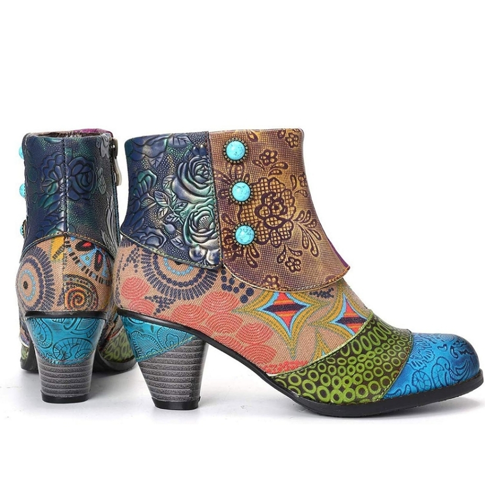 Vintage Embossed Vegan Leather Ankle Boots with Turquoise Color Buttons - Picture 2 of 4